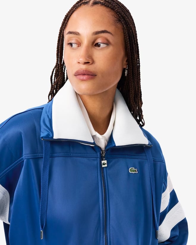 Áo  Hoodie Lacoste Chính Hãng - Women's Oversized Pointelle Stripe Satin Sweatshirt - Màu Xanh | JapanSport SF5260-51-C4X