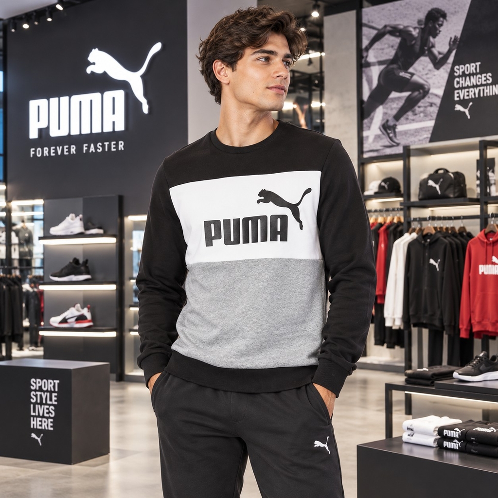 Áo Dài Tay Puma Chính hãng - ESS + BLOCK Crew -  Đen/Trắng | JapanSport 849561-01