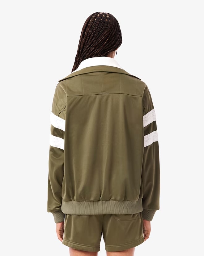 Áo Khoác Lacoste Chính hãng - Women's Oversized Pointelle Stripe Satin Sweatshirt - Màu Nâu | JapanSport SF5260-51-E9F