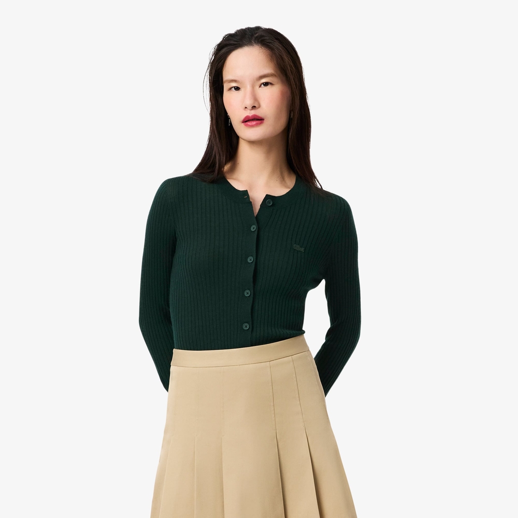 Áo len Lacoste nữ Chính hãng - Women's Rib Knit Merino Wool Cardigan - Màu Xanh  | JapanSport AF4141-51-YZP
