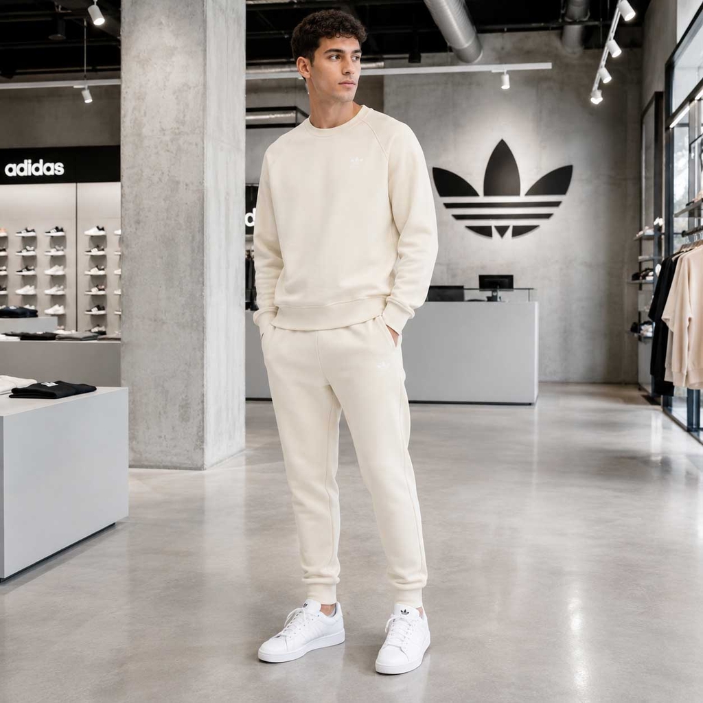Bộ thể thao Adidas Chính Hãng - Trefoil Essentials Crew - Màu Be | JapanSport JW3526+KA0649