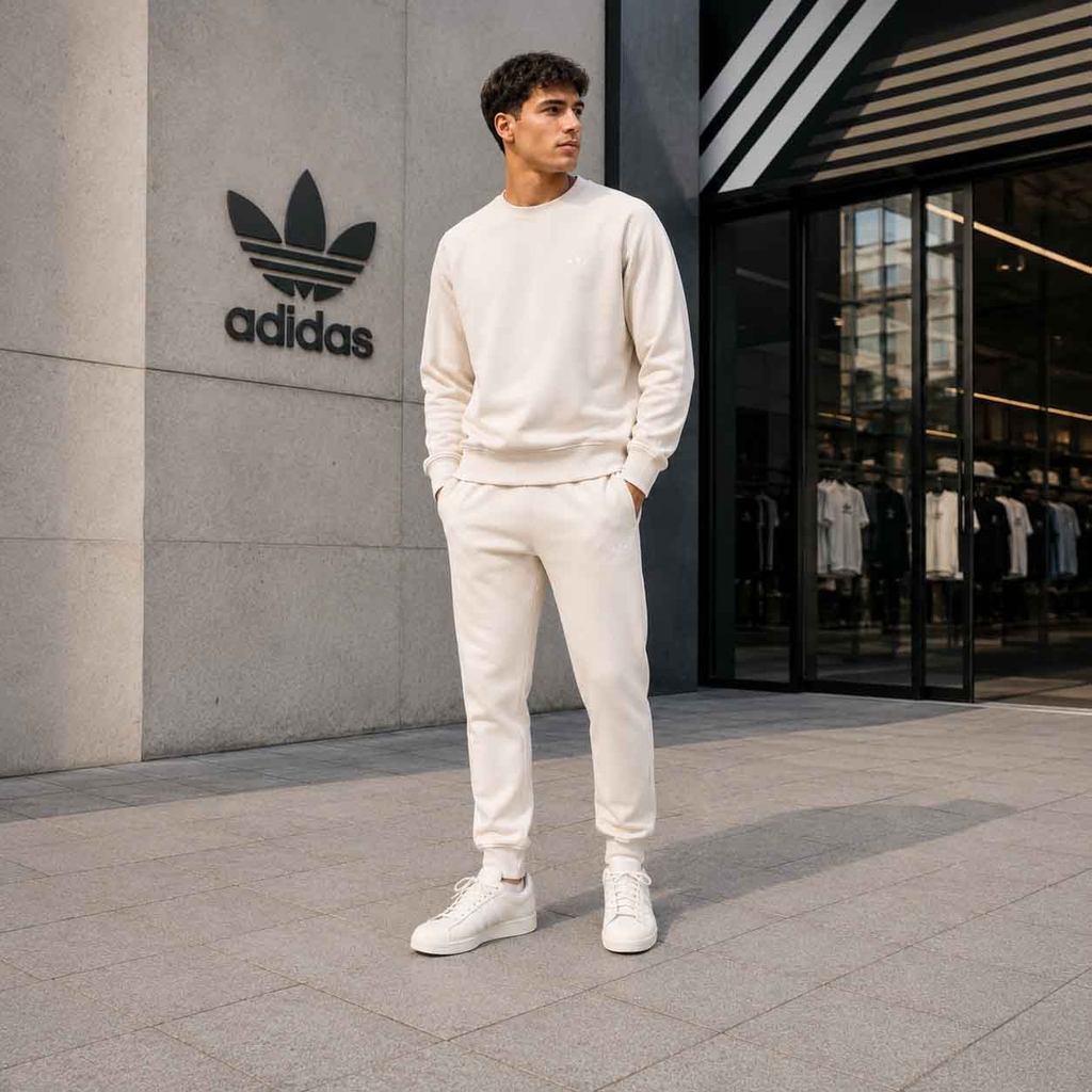 Bộ thể thao Adidas Chính Hãng - Trefoil Essentials Crew - Màu Be | JapanSport JW3526+KA0649