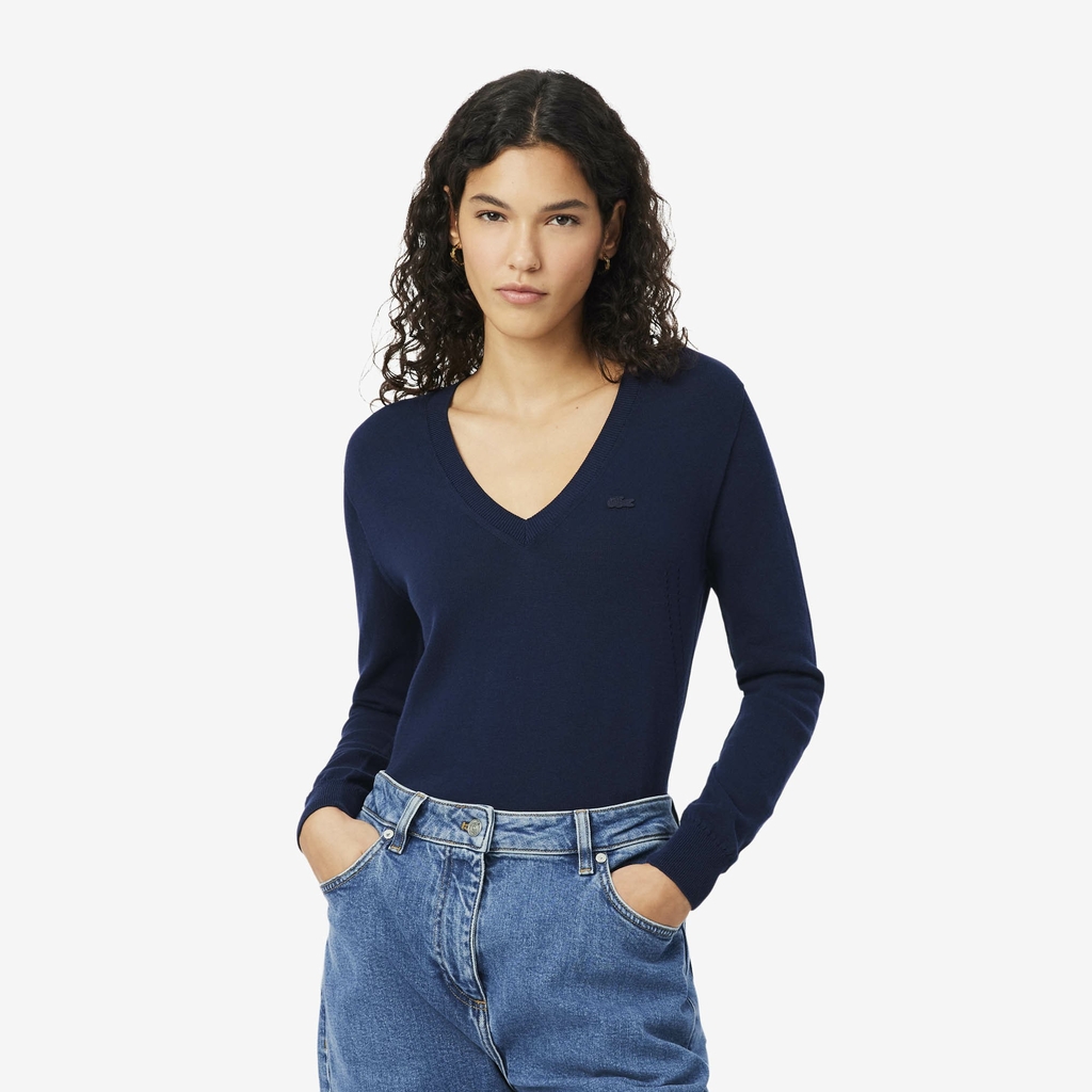 Áo Phông Lacoste nữ Chính hãng - Seamless Knit V Neck Sweater - Màu Navy | JapanSport AF3964-51-166