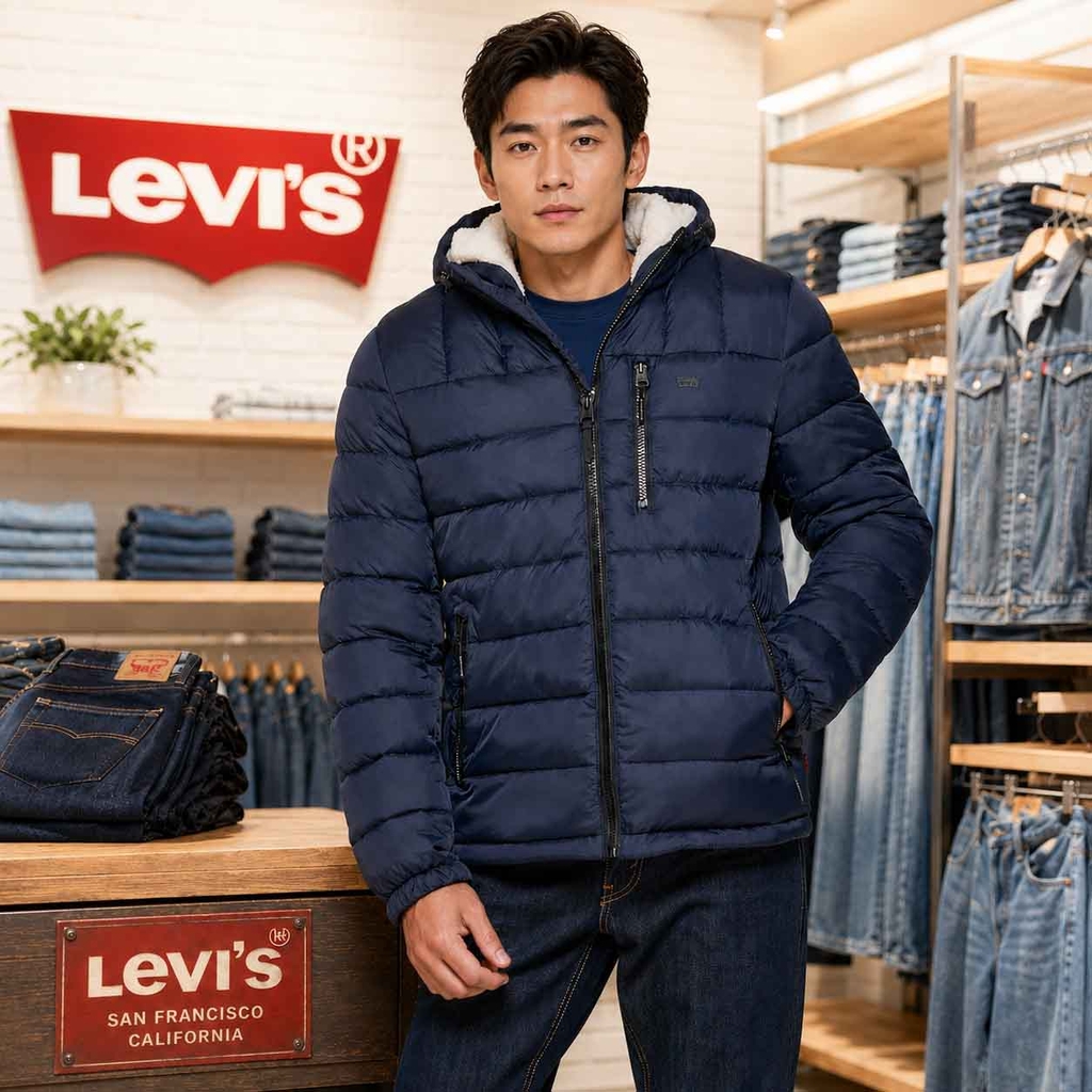 Áo Khoác Levi's Nam Chính Hãng - Quilted Puffer with Sherpa Lined Hood - Màu Xanh | JapanSport LM2RN076-mid