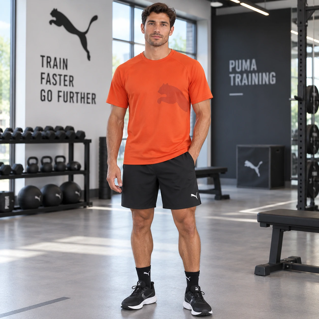 Bộ Thể Thao PUMA Nam Chính Hãng - Train All Day Big Cat - Màu cam/đen | JapanSport 525939-18+526386-01