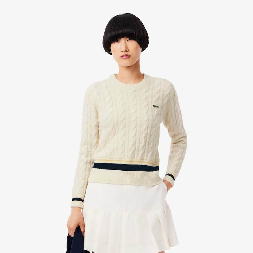 Áo len Lacoste nữ Chính hãng - Cable Knit Wool Sweater - Màu Kem  | JapanSport AF4159-51-XFJ