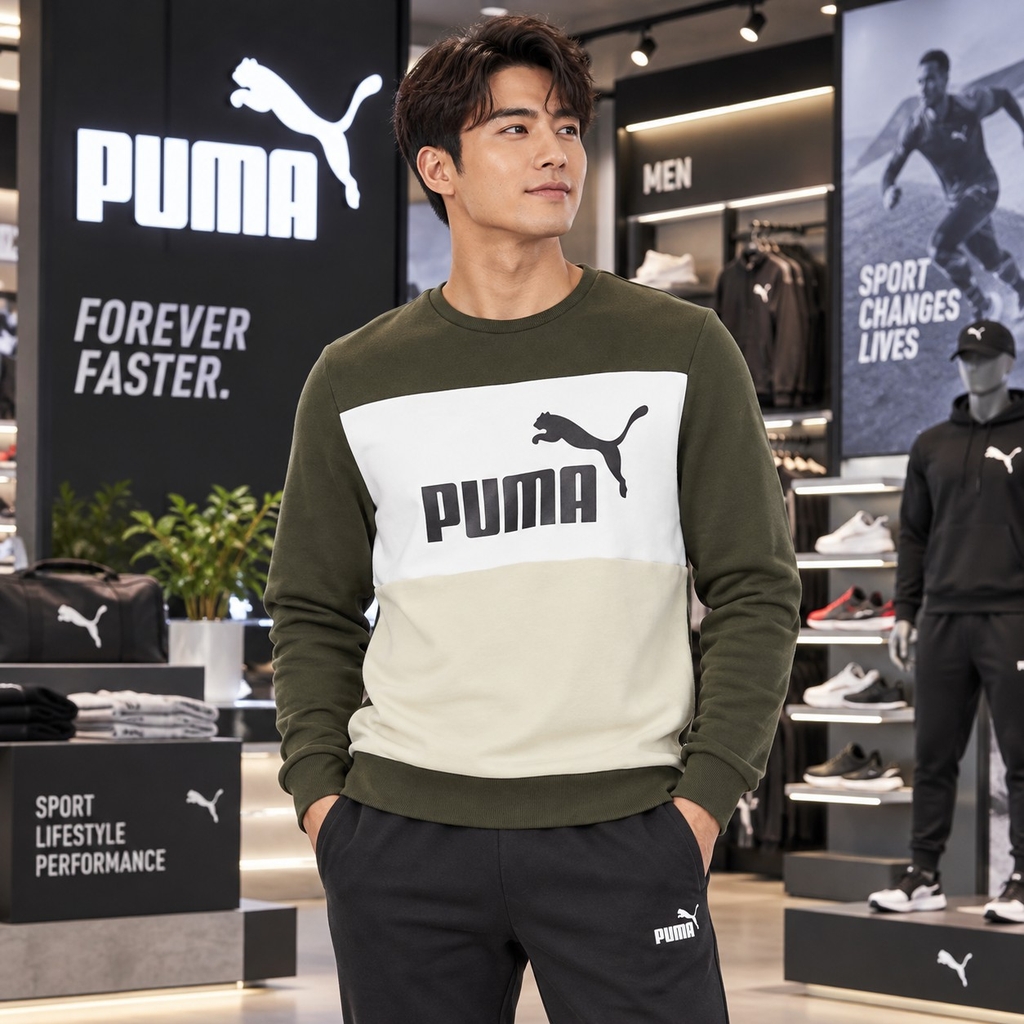 Áo Dài Tay Puma Chính hãng - ESS + BLOCK Crew - Xanh/Trắng | JapanSport 849561-64
