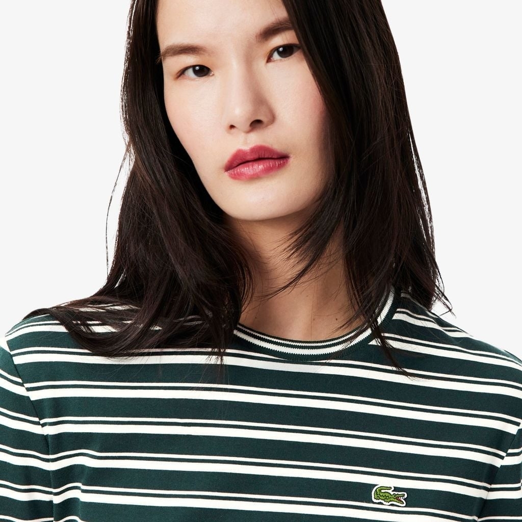 Áo Phông Lacoste nữ Chính hãng - Áo Thun Lacoste Nữ Dáng Suông Sọc Dài Tay Chất Liệu Jersey - Màu Xanh  | JapanSport TF7573-51-AIG