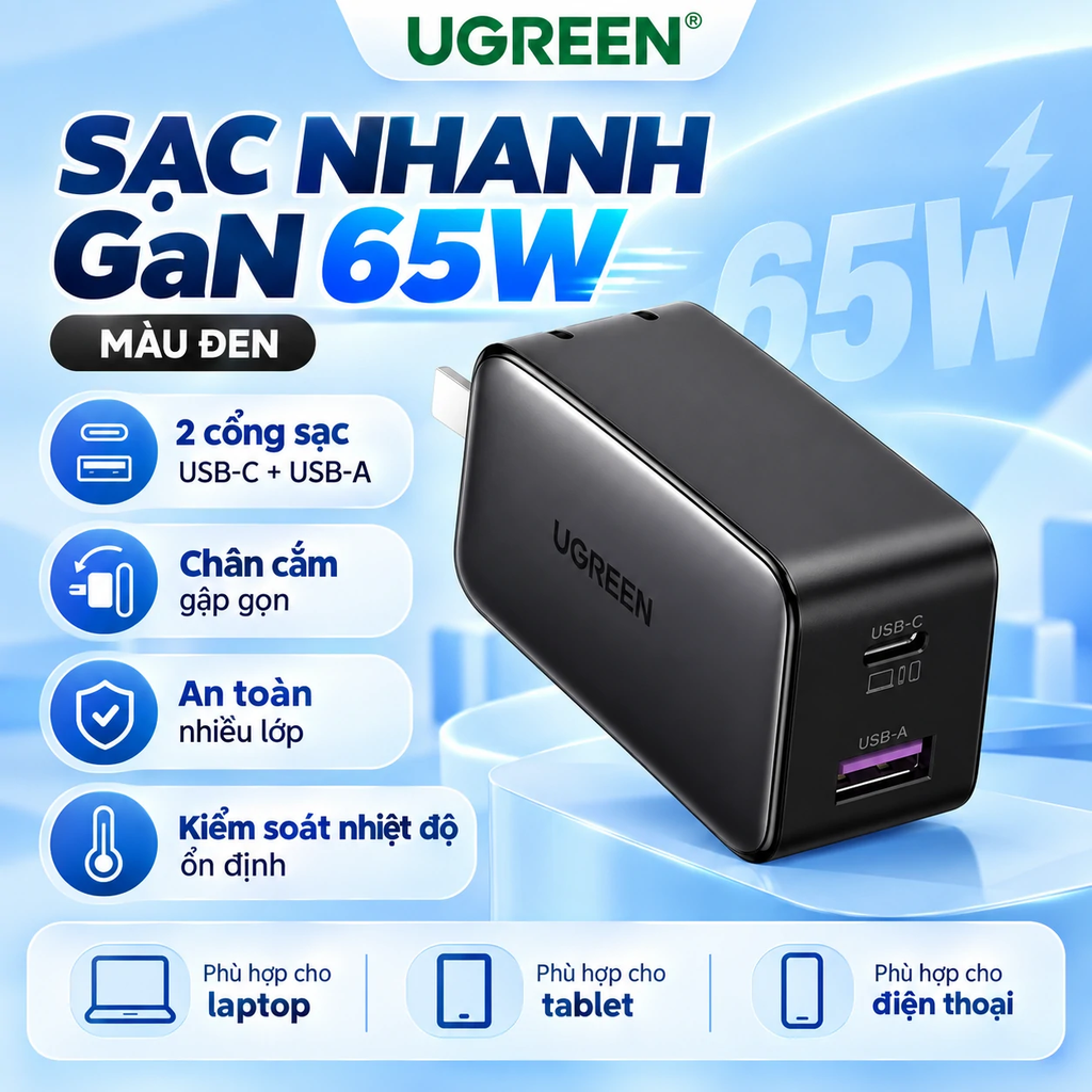 Bộ Sạc Nhanh dành cho Surface của UGREEN chính hãng 65W GaN + Cáp USB-C to Surface Connect 100W Dài 1.8m – Màu đen | JapanSport