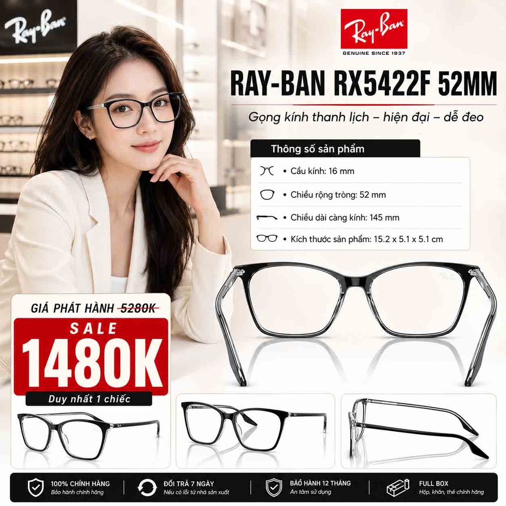 Kính Ray-Ban Nữ Chính hãng - Gọng kính thuốc, nguyên vành - RX5422F 52mm - Màu đen | JapanSport