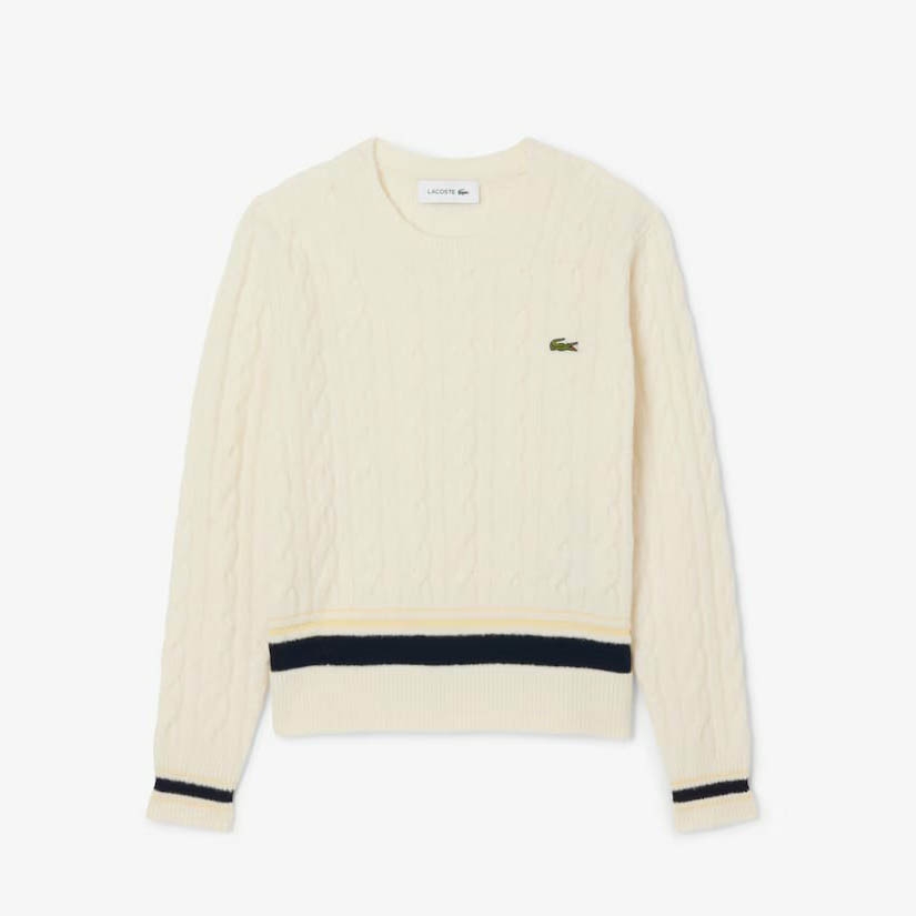 Áo len Lacoste nữ Chính hãng - Cable Knit Wool Sweater - Màu Kem  | JapanSport AF4159-51-XFJ