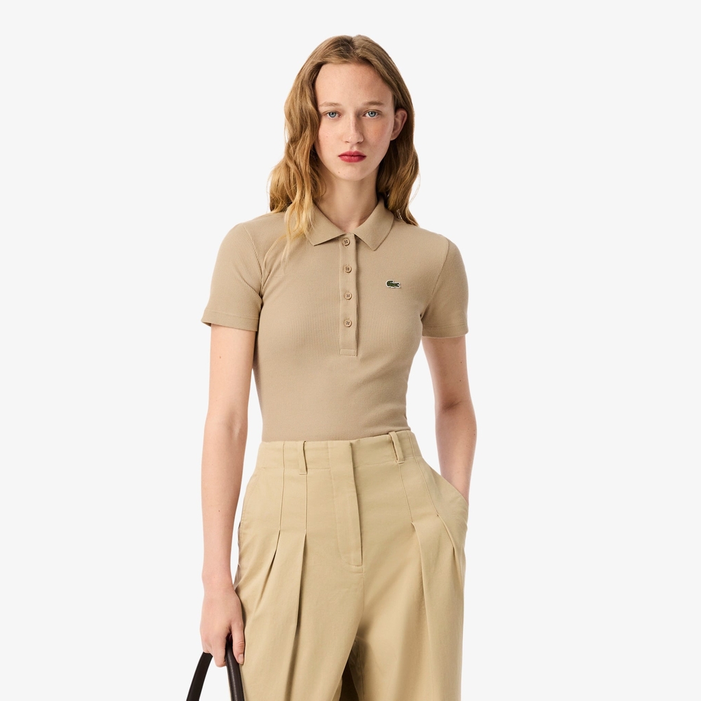 Áo Polo Lacoste Chính hãng - Women's Slim Fit L.12.D Ribbed Cotton Polo - Màu Be | JapanSport DF5377-51-02S