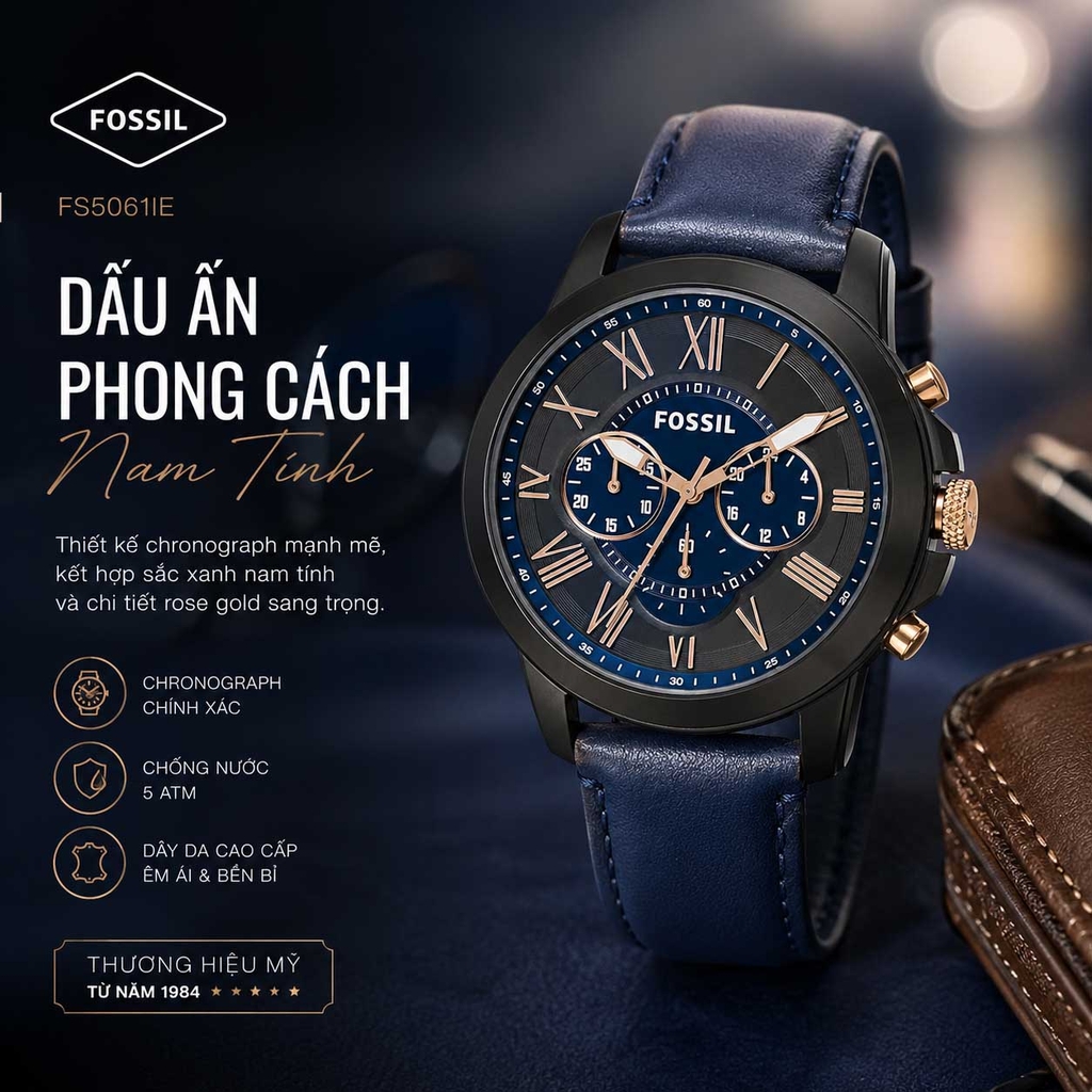 Đồng hồ Fossil Chính hãng - Grant Chronograph Navy Leather Watch 44mm | JapanSport FS5061IE
