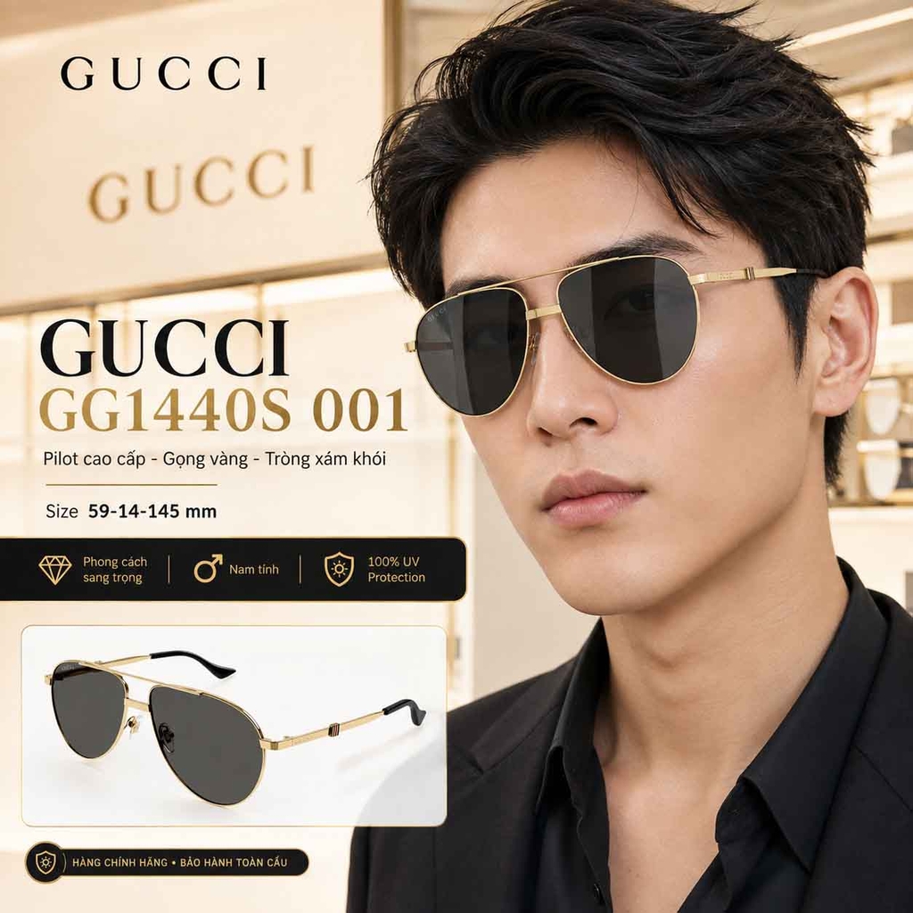 Kính Gucci Nam Chính hãng - GG1440S 001 – Gọng Vàng Tròng Xám Pilot - 59mm | JapanSport