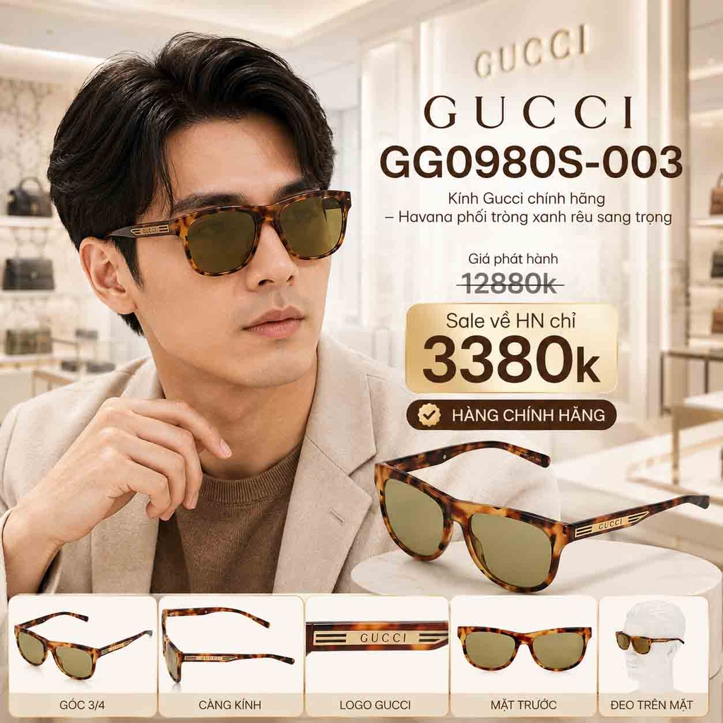 Kính Gucci Nam Chính hãng - GG0980S-003 - Gọng vuông chữ nhật/D-frame - 55mm | JapanSport