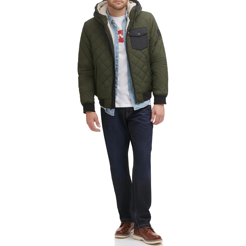 Áo Khoác Levi's Chính Hãng - Diamond Quilted Sherpa Lined Bomber - Màu Xanh | JapanSport LM1RN592-olv