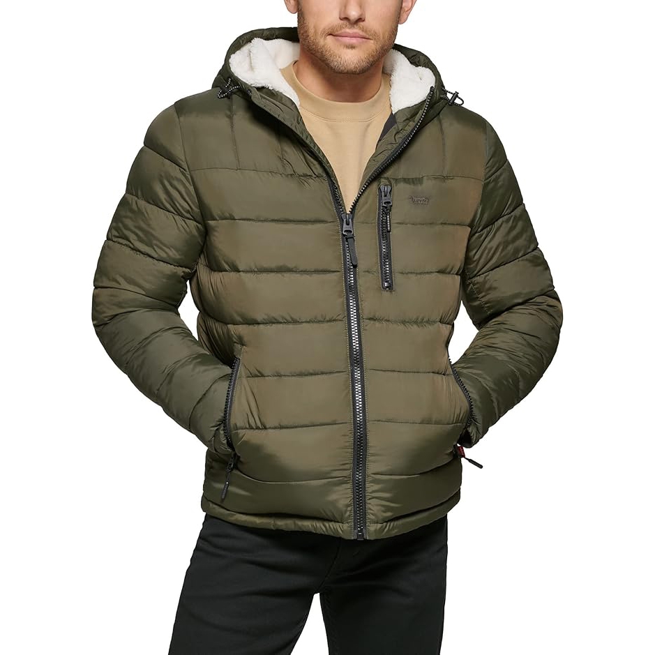 Áo Khoác Levi's Chính Hãng - Quilted Puffer with Sherpa Lined Hood - Màu OLV | JapanSport LM2RN076