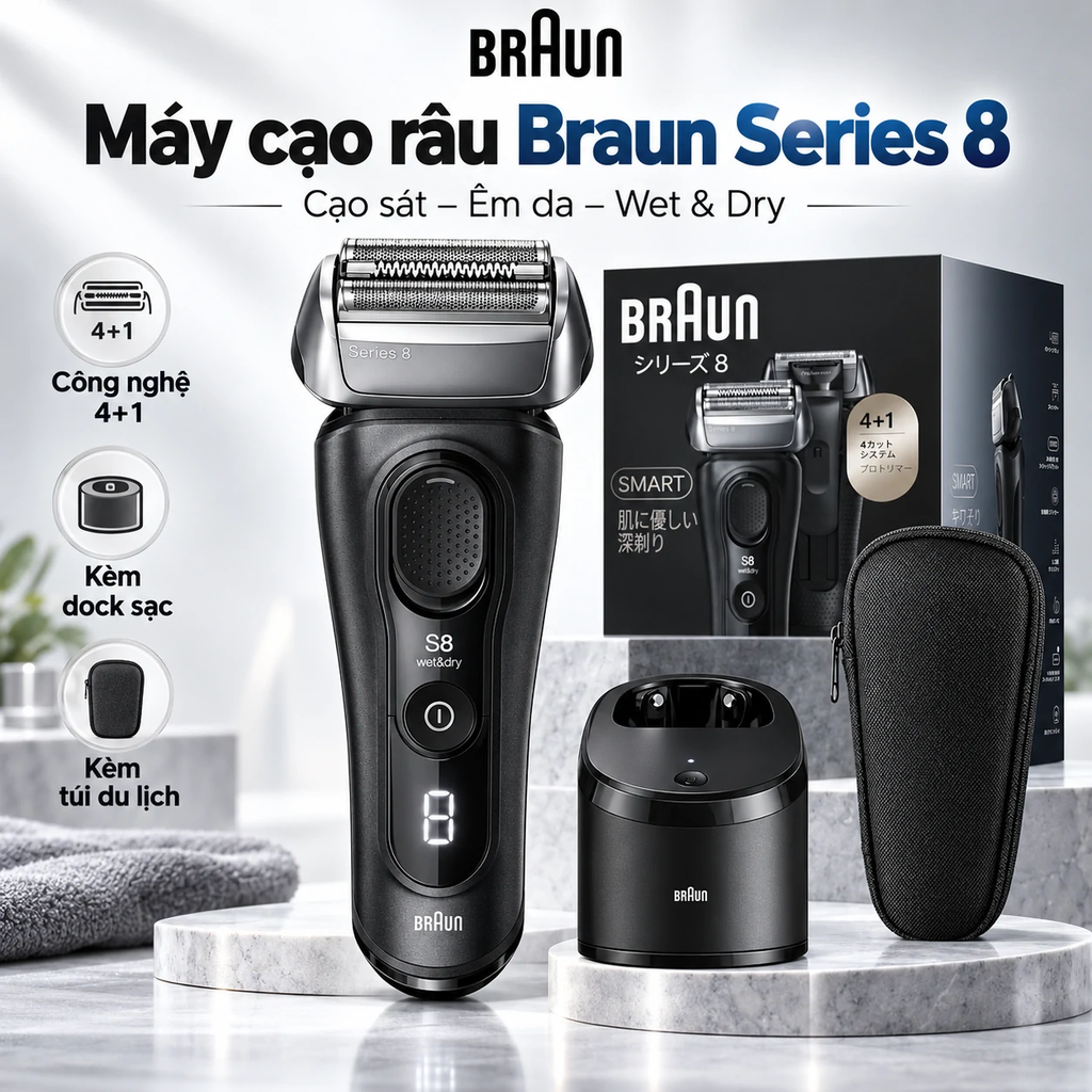 Máy cạo râu Braun Chính hãng - Series 8 8560cc – kèm trạm vệ sinh SmartCare 5 trong 1 - Màu Đen | JapanSport