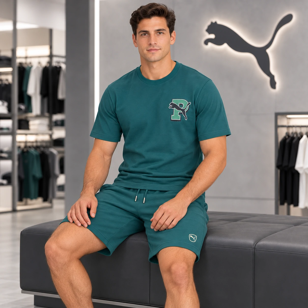 Bộ Thể Thao PUMA Nam Chính Hãng - áo Graphic Varsity & Quần Short ESS Elevated - Màu xanh | JapanSport 694086-41 694151-41