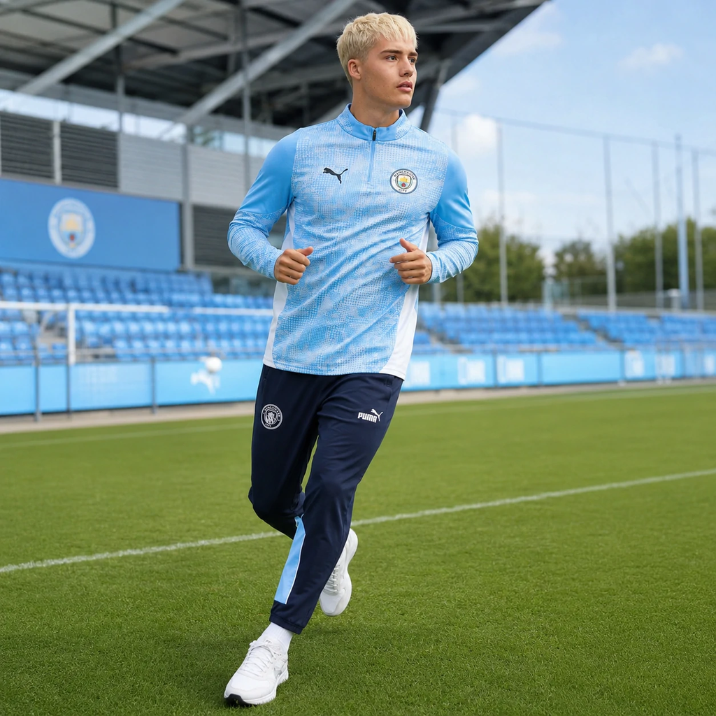 Bộ thể thao Puma Chính hãng - Manchester City 1/4 Zip Training - Màu Xanh | JapanSport 781999-01 + 779132-73