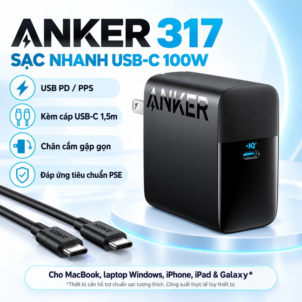 Sạc nhanh Anker chính hãng - 317 100W màu đen – Kèm cáp USB-C to USB-C 1,5m | JapanSport