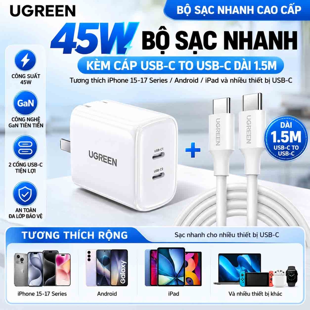 Bộ Sạc Nhanh UGREEN 45W GaN + Cáp USB-C to USB-C 1.5m – Màu Trắng | JapanSport