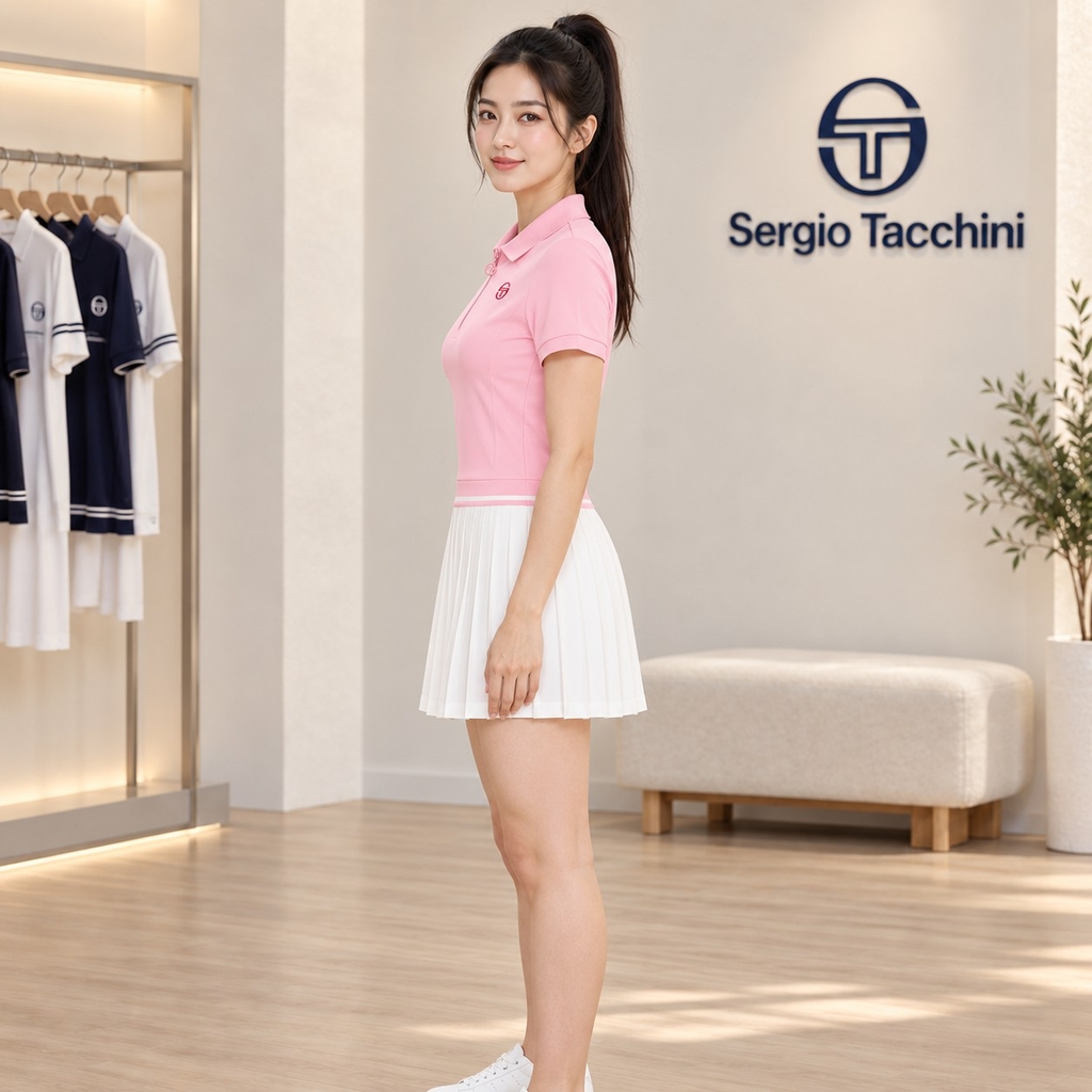 Set váy Sergio Tacchini chính hãng | Jersey Mix Pleats Collared Dress- Light Pink | Japansport TWOP10741GP001-PKL