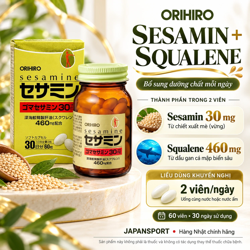 Viên uống bổ sung Sesamin và Squalene hỗ trợ tim mạch Orihiro 60 viên | JapanSport
