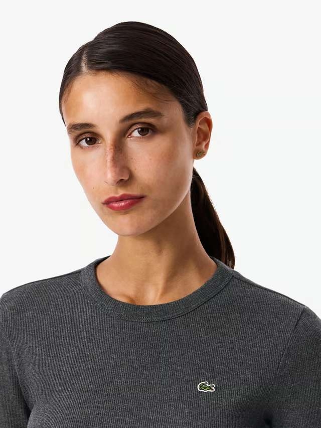 Áo Phông Lacoste nữ Chính hãng - Slim Fit Ribbed Cotton Long Sleeve - Màu Xám | JapanSport TF1692-51-050