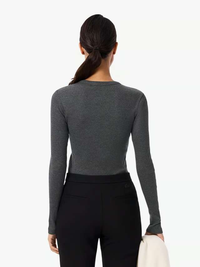 Áo Phông Lacoste nữ Chính hãng - Slim Fit Ribbed Cotton Long Sleeve - Màu Xám | JapanSport TF1692-51-050