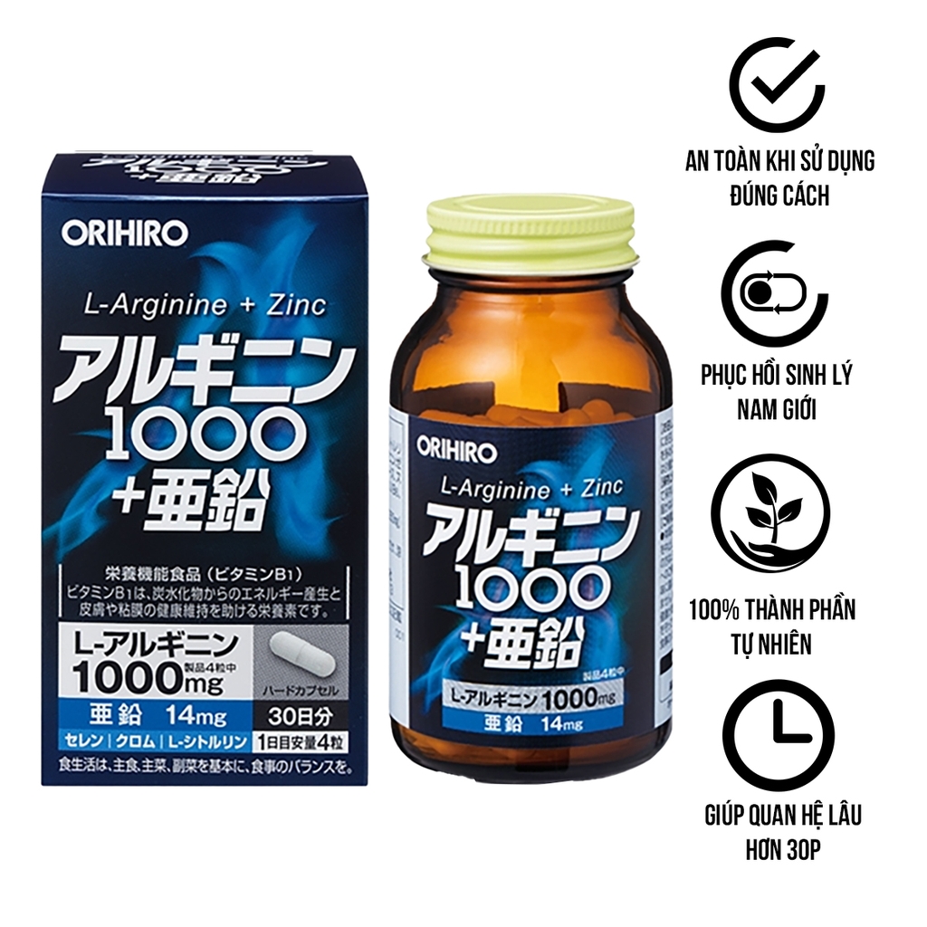 Viên uống tăng cường sinh lực Nam - L-Arginine 1000mg và Zinc Orihiro 120 Viên