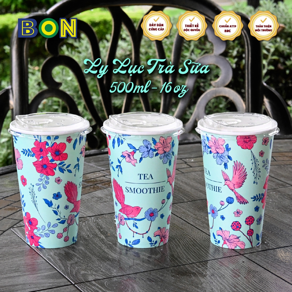 Lốc 50 Ly Giấy In Lục Trà Sữa 500ml / 650ml (22 oz) - Đựng Trà Sữa kèm Ly Topping 120ml có nắp, Ly Dày Đẹp, 260 Gram SM
