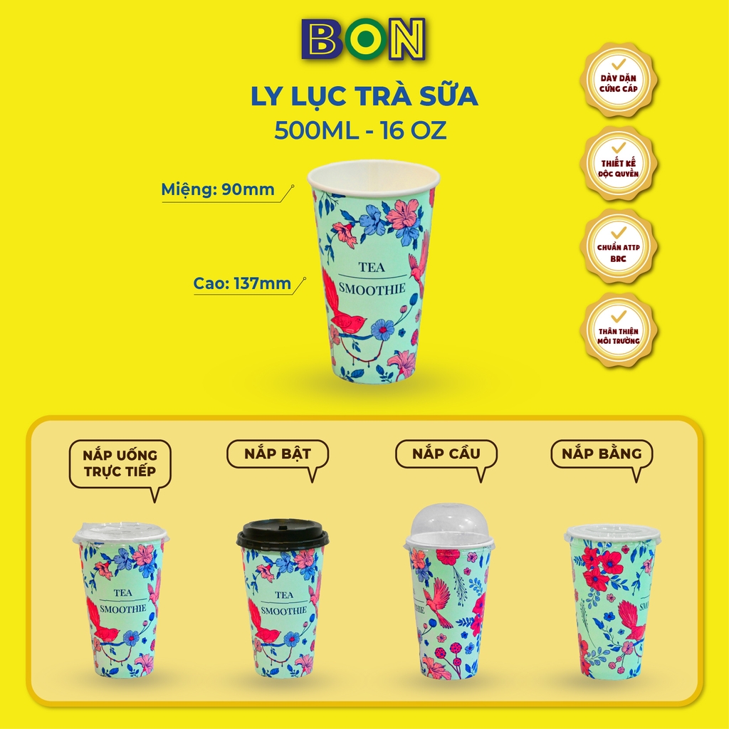 Lốc 50 Ly Giấy In Lục Trà Sữa 500ml / 650ml (22 oz) - Đựng Trà Sữa kèm Ly Topping 120ml có nắp, Ly Dày Đẹp, 260 Gram SM