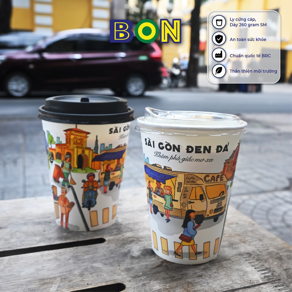LỐC 50 LY IN TRANH - SÀI GÒN ĐEN ĐÁ 360ML - CÀ PHÊ ĐÁ, NƯỚC UỐNG LẠNH - LY DÀY, ĐẸP, 260 Gram SM - Giá đã gồm HĐ VAT