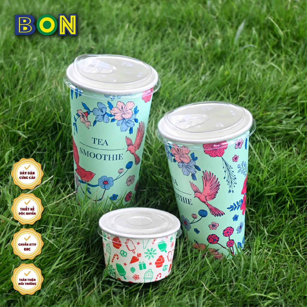 Lốc 50 Ly Giấy In Lục Trà Sữa 500ml / 650ml (22 oz) - Đựng Trà Sữa kèm Ly Topping 120ml có nắp, Ly Dày Đẹp, 260 Gram SM