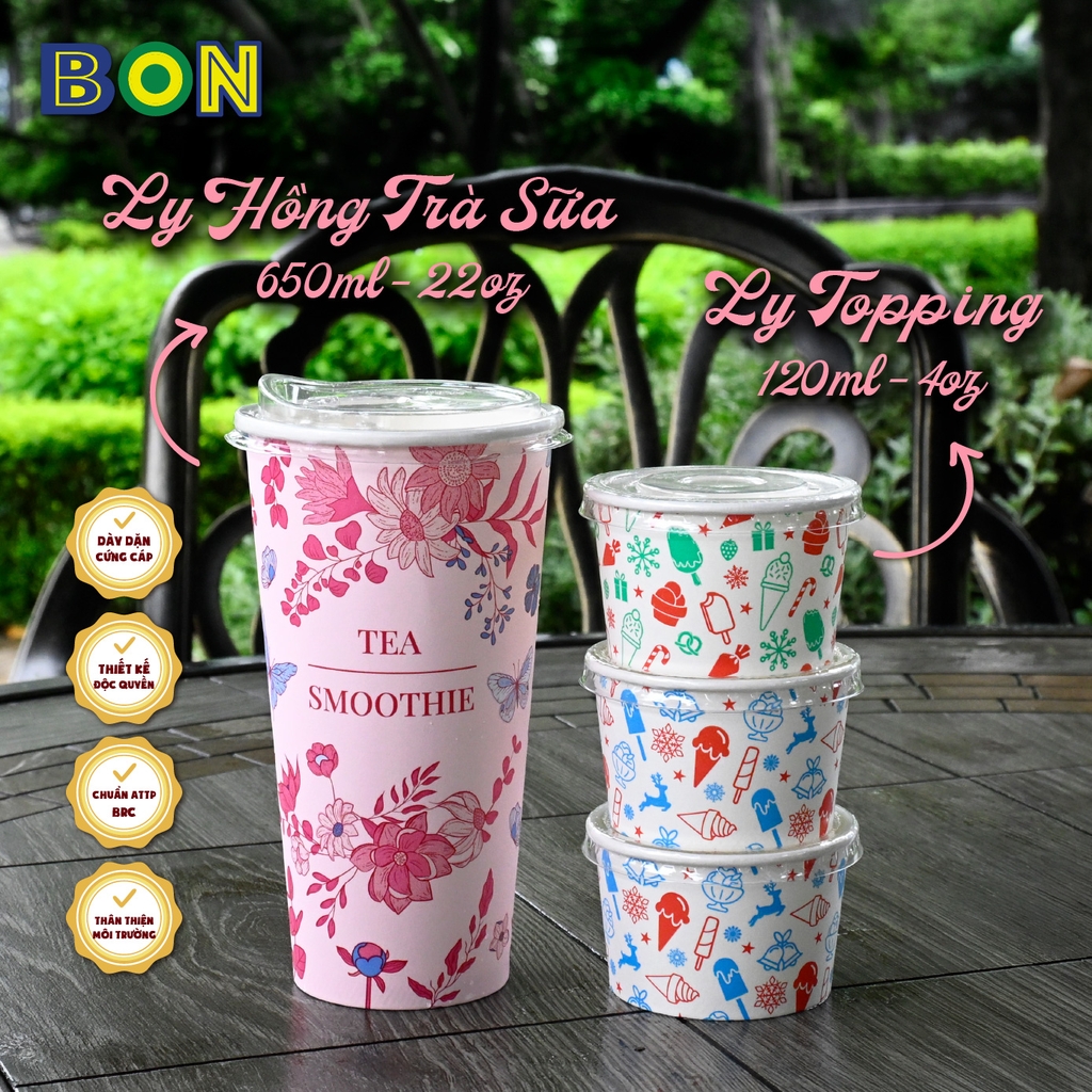 Lốc 50 Ly Giấy In Hồng Trà Sữa 500ml / 650ml (22 oz) - Đựng Trà Sữa kèm Ly Topping 120ml có nắp, Ly Dày Đẹp, 260 Gram SM