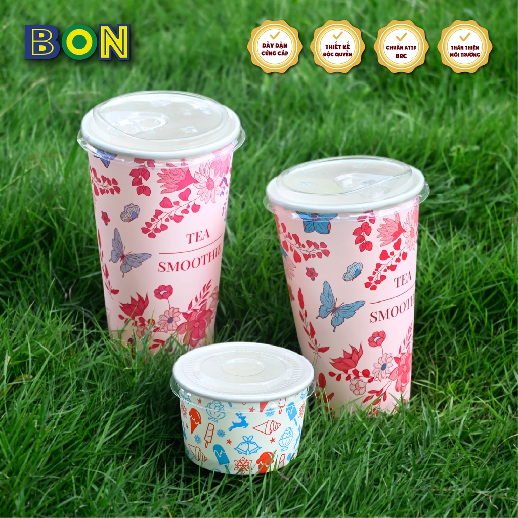 Lốc 50 Ly Giấy In Hồng Trà Sữa 500ml / 650ml (22 oz) - Đựng Trà Sữa kèm Ly Topping 120ml có nắp, Ly Dày Đẹp, 260 Gram SM