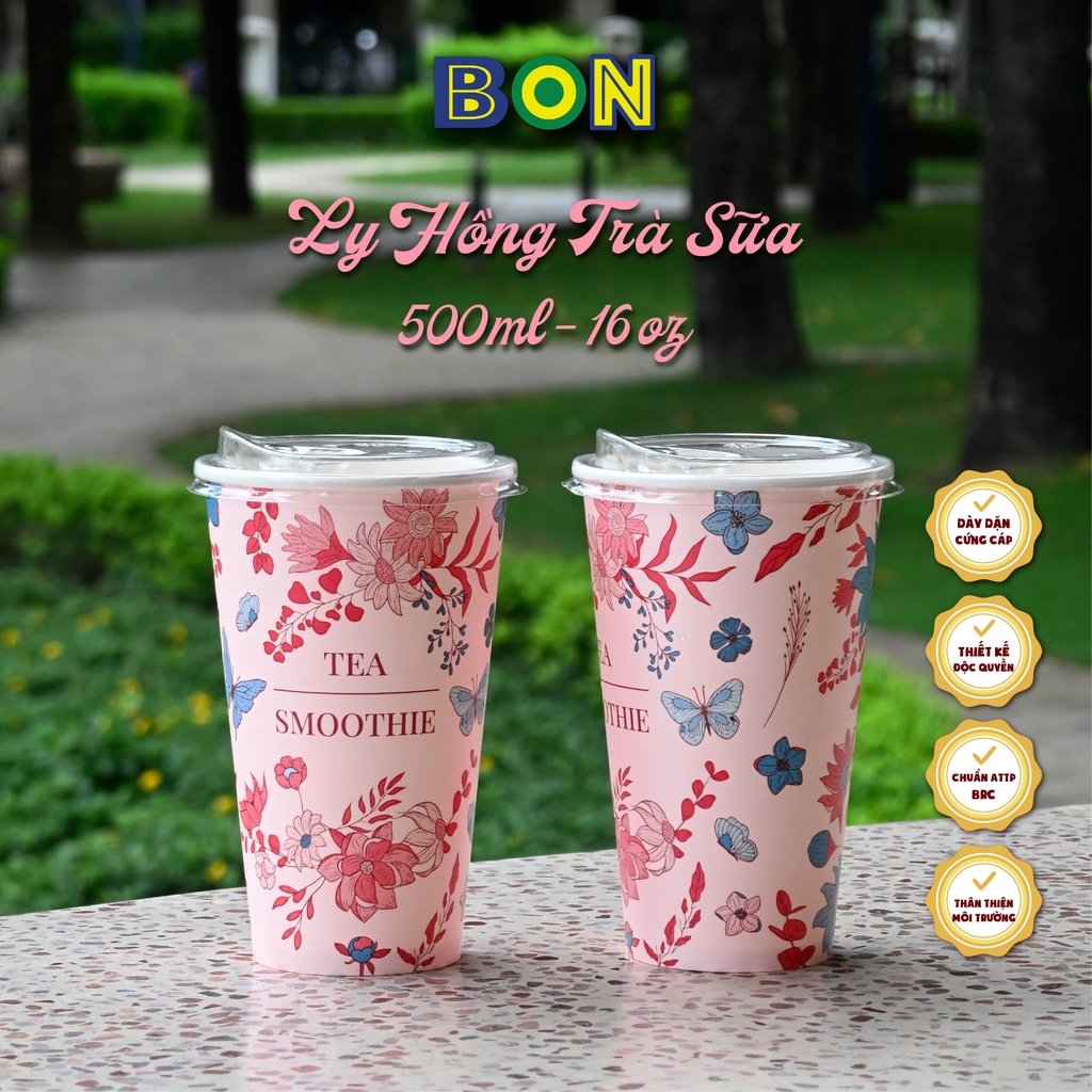 Lốc 50 Ly Giấy In Hồng Trà Sữa 500ml / 650ml (22 oz) - Đựng Trà Sữa kèm Ly Topping 120ml có nắp, Ly Dày Đẹp, 260 Gram SM