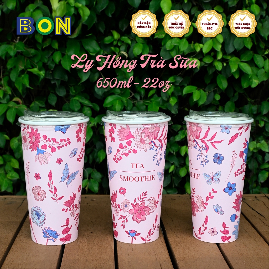Lốc 50 Ly Giấy In Hồng Trà Sữa 500ml / 650ml (22 oz) - Đựng Trà Sữa kèm Ly Topping 120ml có nắp, Ly Dày Đẹp, 260 Gram SM