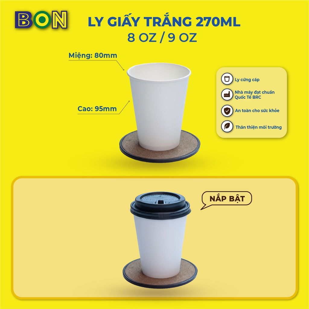 LỐC 50 LY GIẤY TRẮNG - 270ML (8 / 9 OZ) - CÀ PHÊ NÓNG CÓ NẮP - Giá đã gồm HĐ VAT