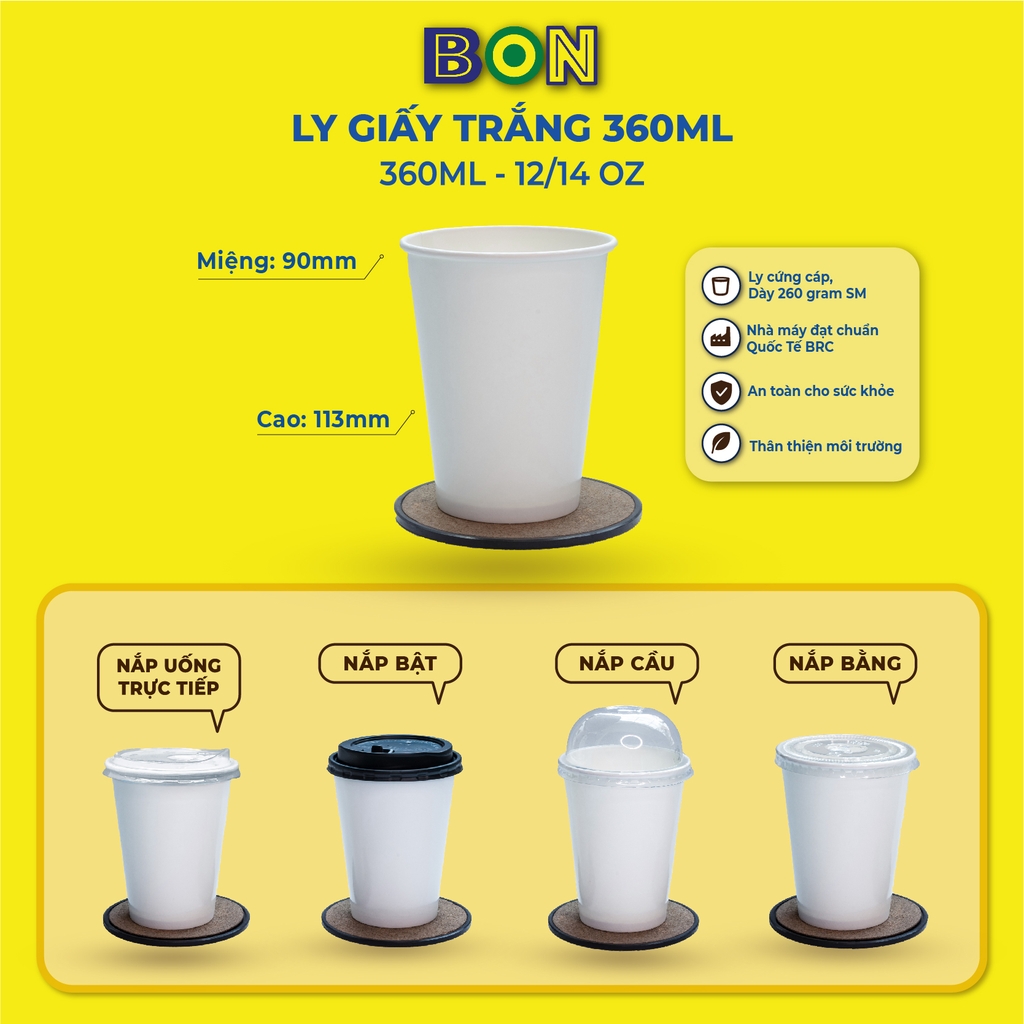 LỐC 50 LY GIẤY TRẮNG 360ML (12 / 14 OZ) - CÀ PHÊ ĐÁ, NƯỚC UỐNG LẠNH - LY DÀY, ĐẸP, 260 Gram SM - Giá đã gồm HĐ VAT