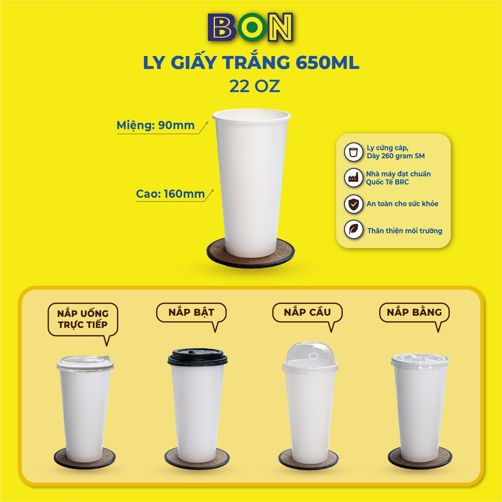 LỐC 50 LY GIẤY TRẮNG 650ML - (22 OZ) - CÀ PHÊ ĐÁ, NƯỚC UỐNG LẠNH - LY DÀY, ĐẸP, 260 Gram SM - Giá đã gồm HĐ VAT