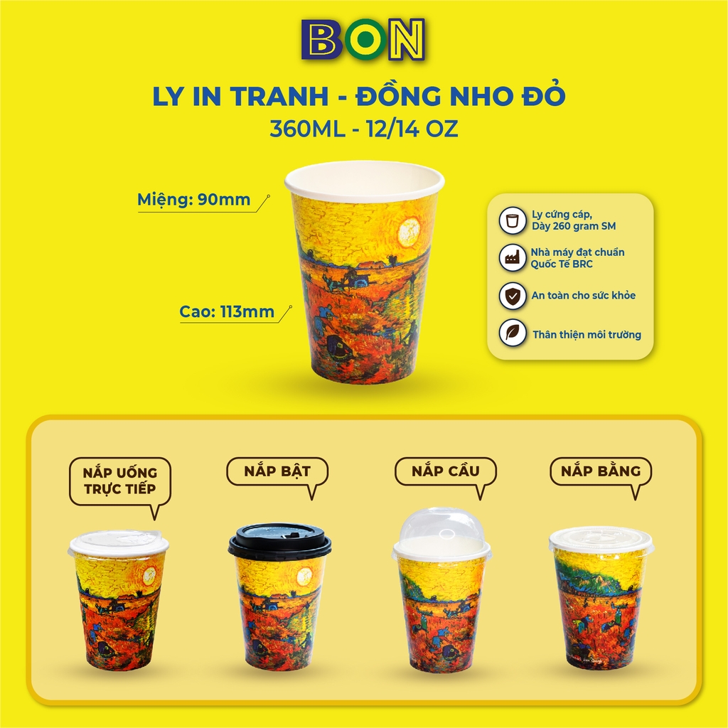 LỐC 50 LY IN TRANH - ĐỒNG NHO ĐỎ - 360ML (12/14 OZ) - CÀ PHÊ ĐÁ, NƯỚC UỐNG LẠNH - LY DÀY, ĐẸP, 260 Gram SM - Giá đã gồm HĐ VAT