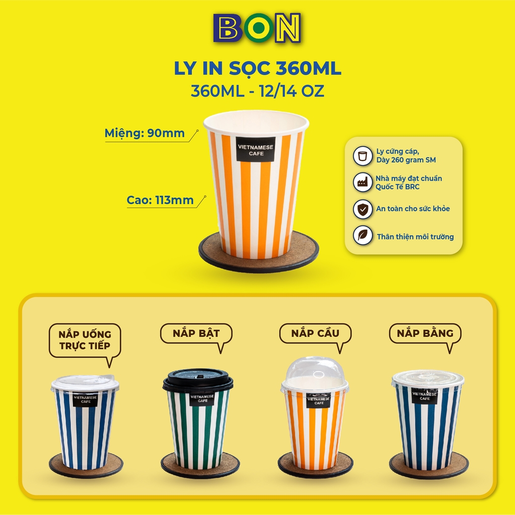 LỐC 50 LY GIẤY IN SỌC - 360ML (12 / 14 OZ) - CÀ PHÊ ĐÁ, NƯỚC UỐNG LẠNH