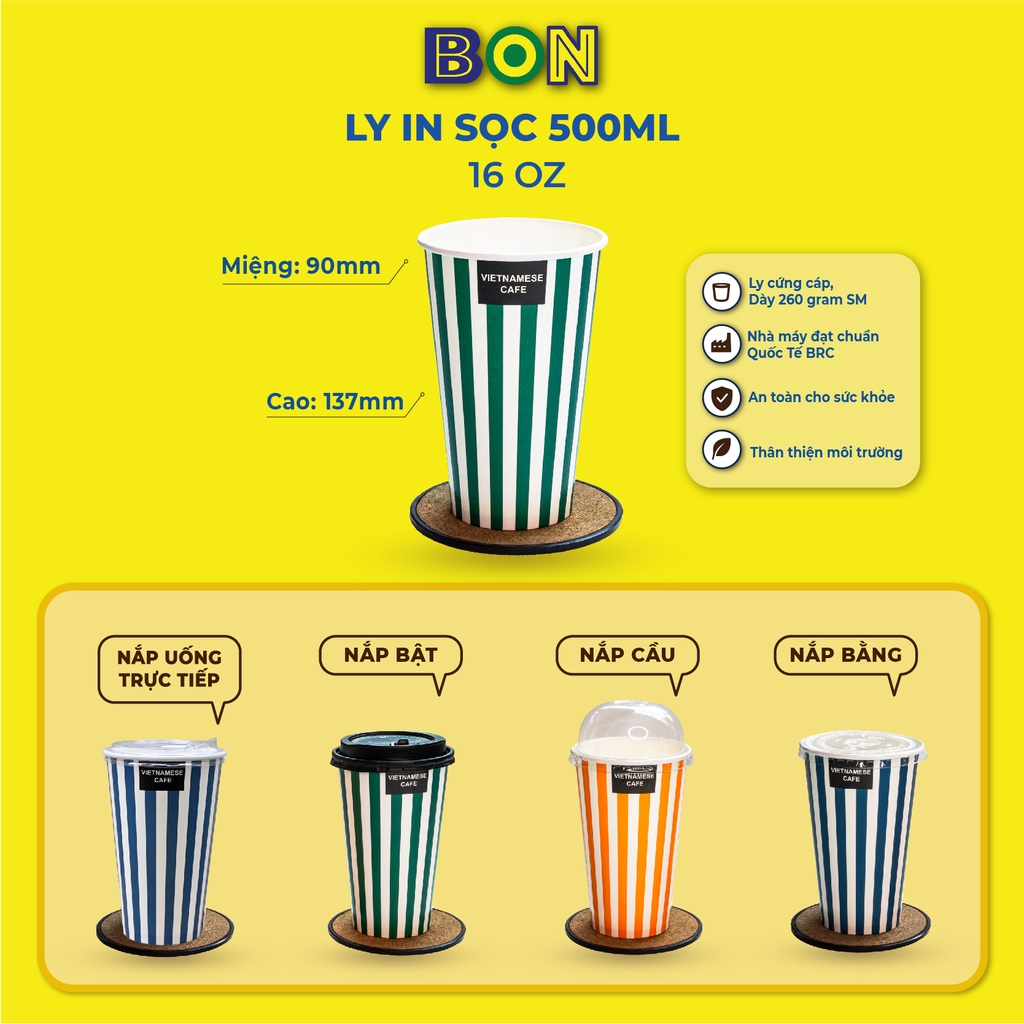 LỐC 50 LY GIẤY IN SỌC - 500ML (16 OZ) - CÀ PHÊ ĐÁ, NƯỚC UỐNG LẠNH
