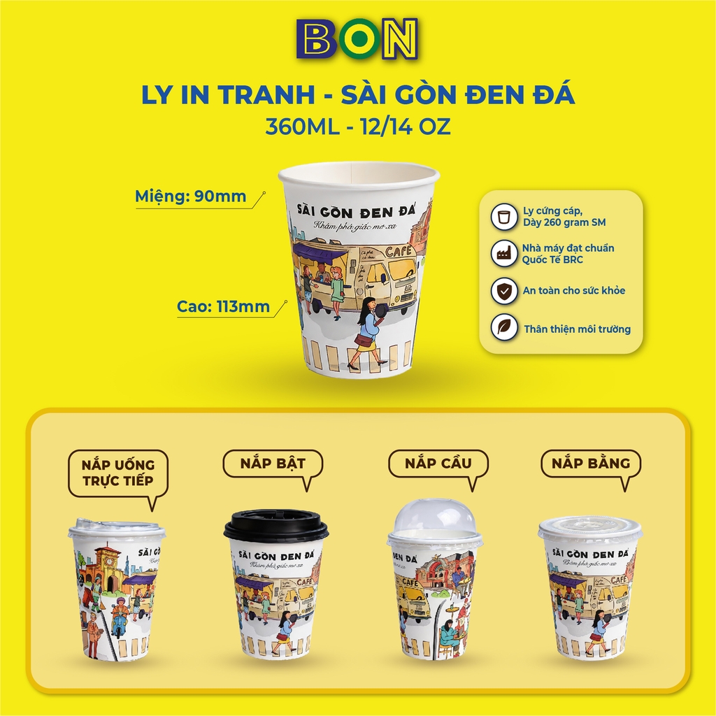 LỐC 50 LY IN TRANH - SÀI GÒN ĐEN ĐÁ 360ML - CÀ PHÊ ĐÁ, NƯỚC UỐNG LẠNH - LY DÀY, ĐẸP, 260 Gram SM - Giá đã gồm HĐ VAT