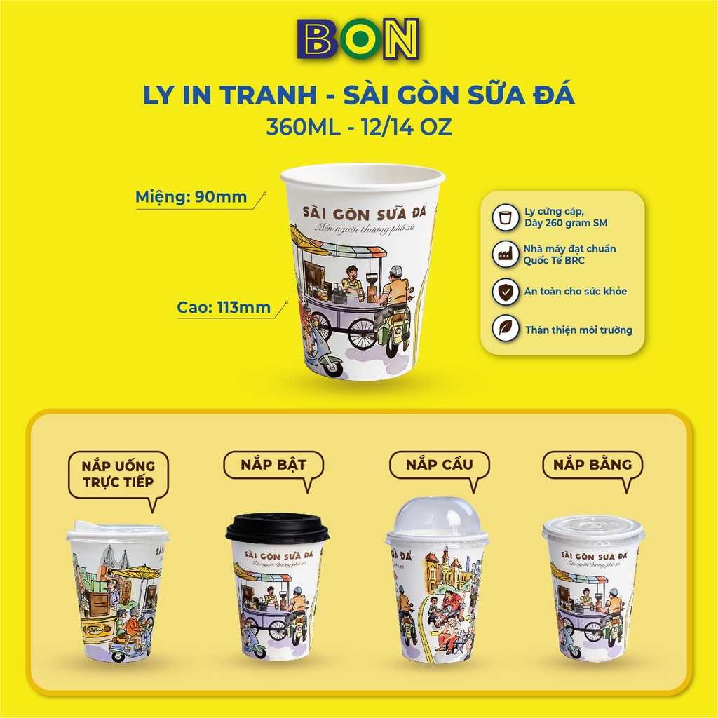 LỐC 50 LY IN TRANH - SÀI GÒN SỮA ĐÁ 360ML - CÀ PHÊ ĐÁ, NƯỚC UỐNG LẠNH - LY DÀY, ĐẸP, 260 Gram SM - Giá đã gồm HĐ VAT
