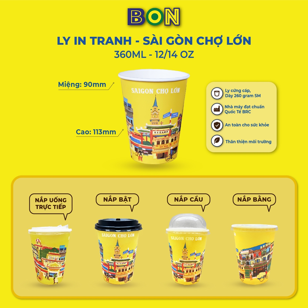 LỐC 50 LY IN TRANH - SÀI GÒN CHỢ LỚN 360ML - CÀ PHÊ ĐÁ, NƯỚC UỐNG LẠNH - LY DÀY, ĐẸP, 260 Gram SM - Giá đã gồm HĐ VAT