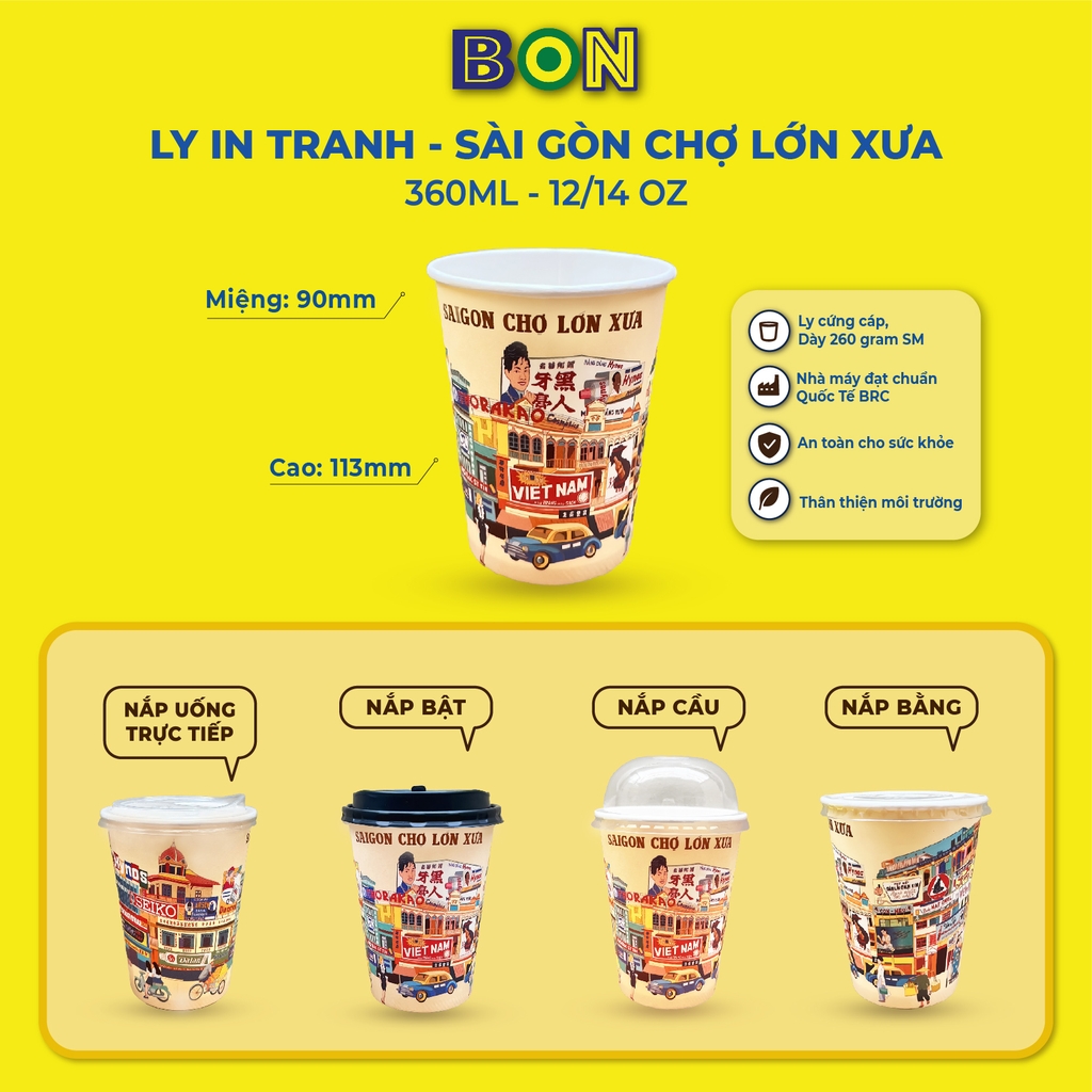 LỐC 50 LY IN TRANH - SÀI GÒN CHỢ LỚN XƯA 360ML - CÀ PHÊ ĐÁ, NƯỚC UỐNG LẠNH - LY DÀY, ĐẸP, 260 Gram SM - Giá đã gồm HĐ VAT
