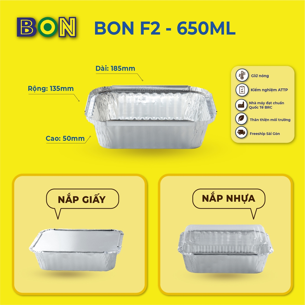 LỐC 20 HỘP NHÔM TAKE AWAY BON F2 650ML - GIỮ NÓNG, ĐỰNG MÌ Ý, CƠM GÀ, CƠM TẤM, MÌ TRỘN, CƠM CHIÊN - Giá đã gồm HĐ VAT